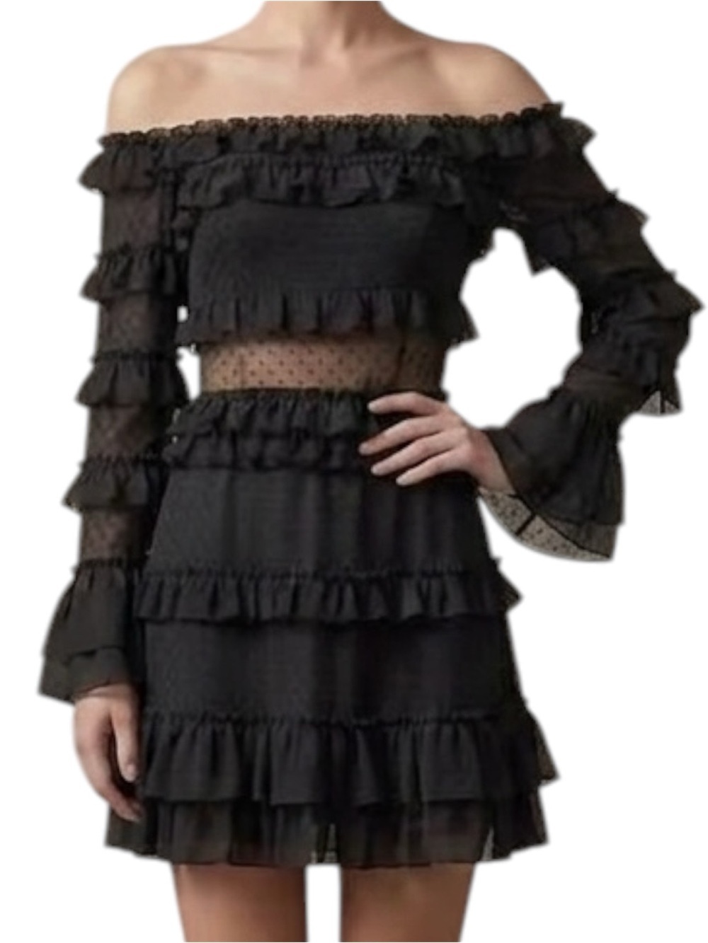 Venus Off-Shoulder Black Ruffled Mini Black Dress Bell Sleeves Size 6